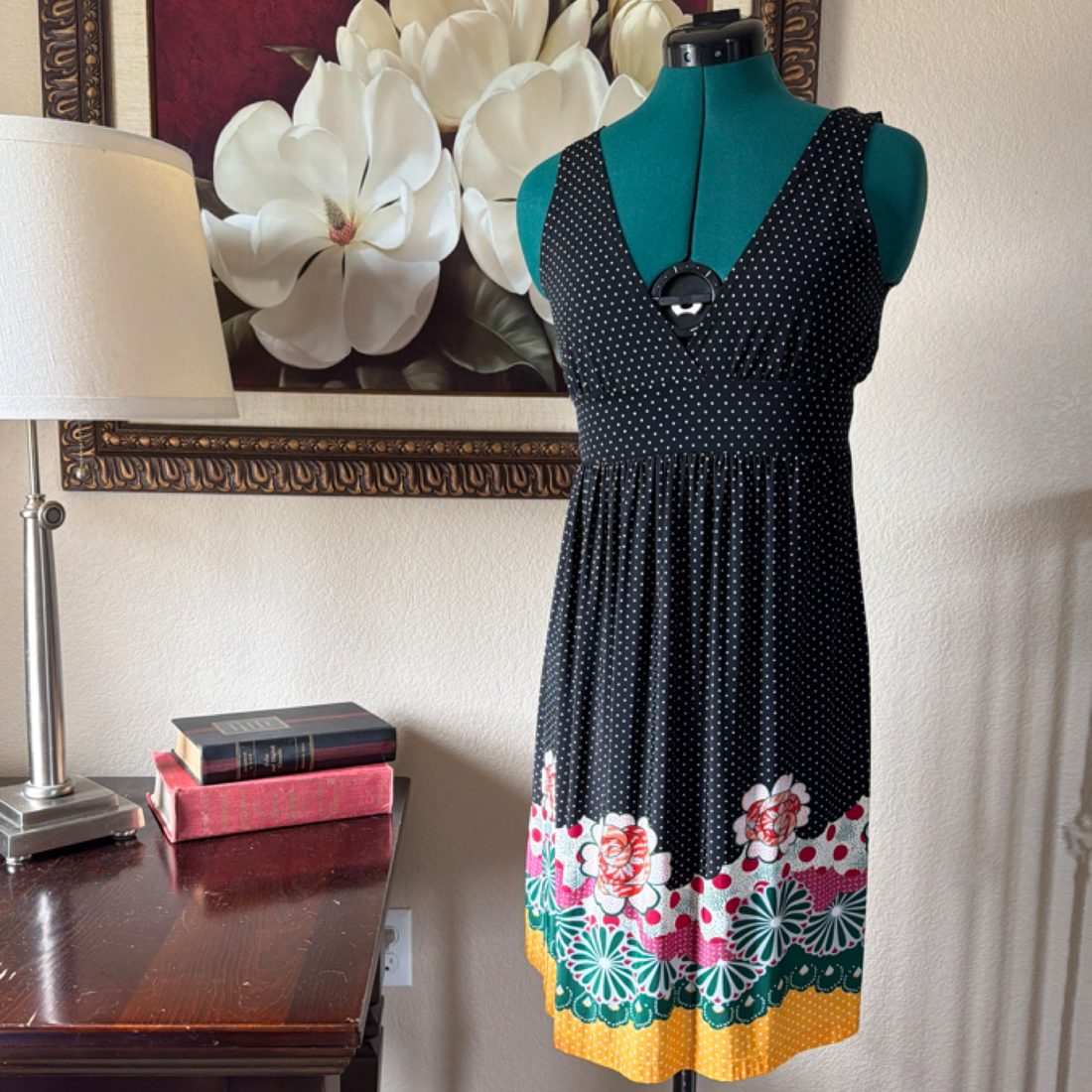 Black Polka Dot Floral Border Sundress – Size Small