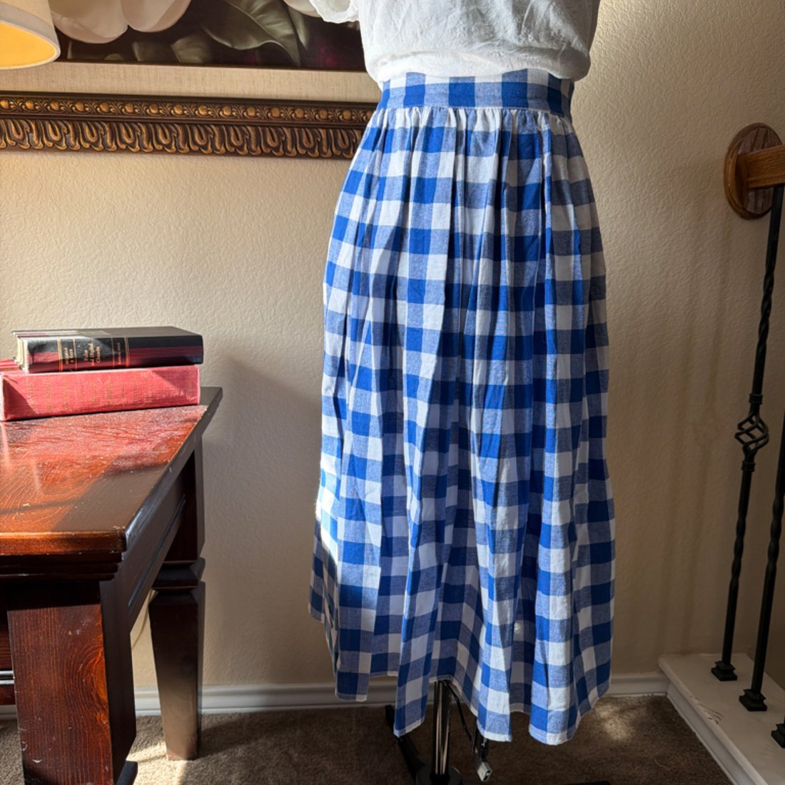 Blue & White Gingham Check Midi Skirt – Size Small