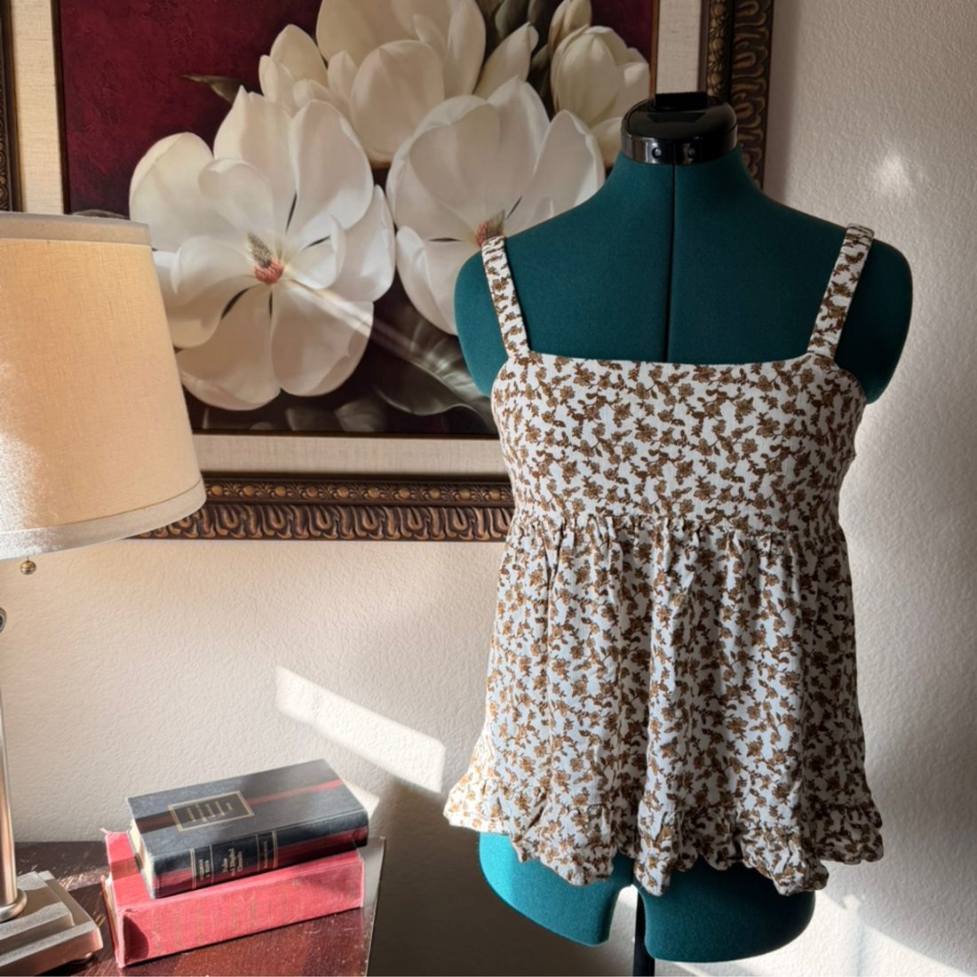 Floral Babydoll Cami Top — Brown & Cream Flower Print