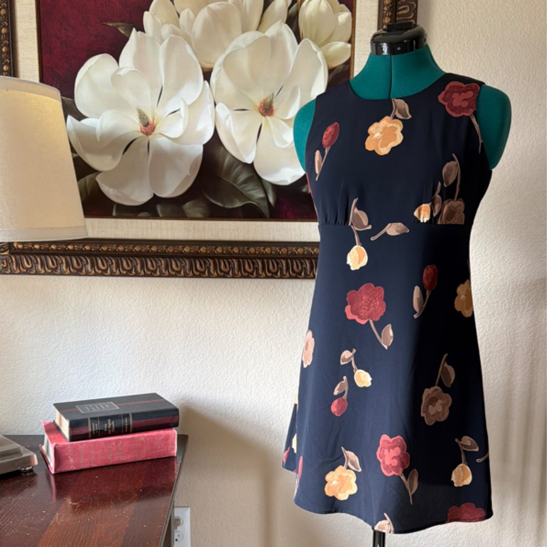 Navy Floral Vintage Mini Dress | Size 7 | 90s Y2K