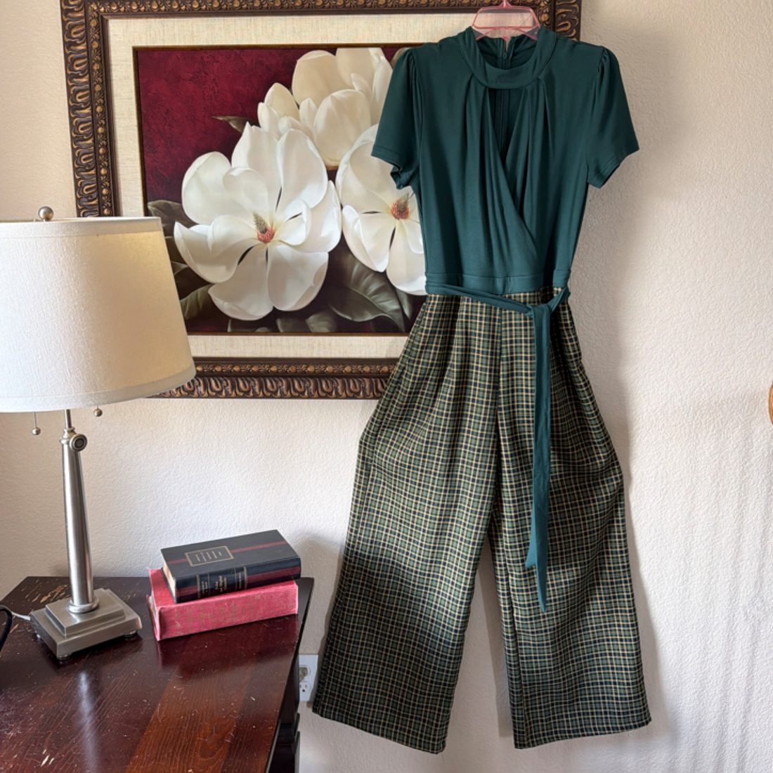 Retro Stage – Green Plaid Jumpsuit, Medium