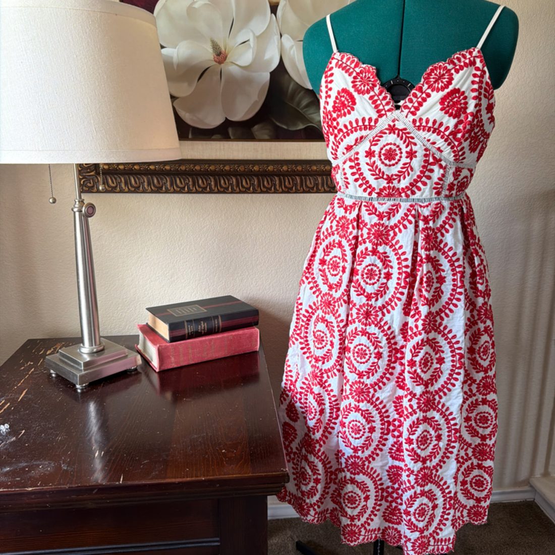 Stunning Red & White Embroidered Sundress – Medium