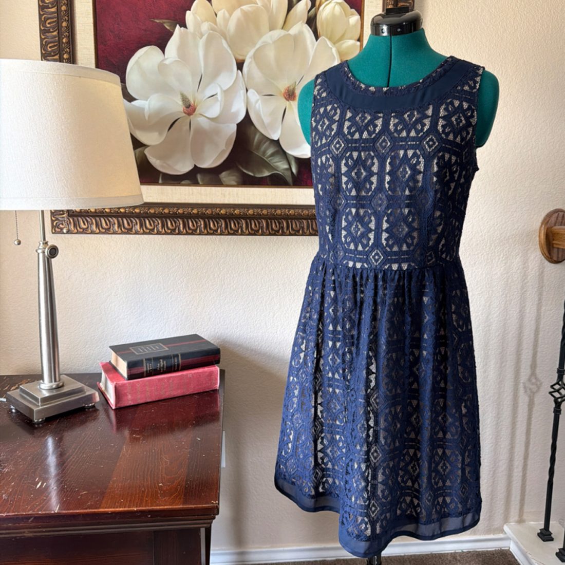 The Limited – Navy Lace Overlay Fit & Flare Dress | Size 10
